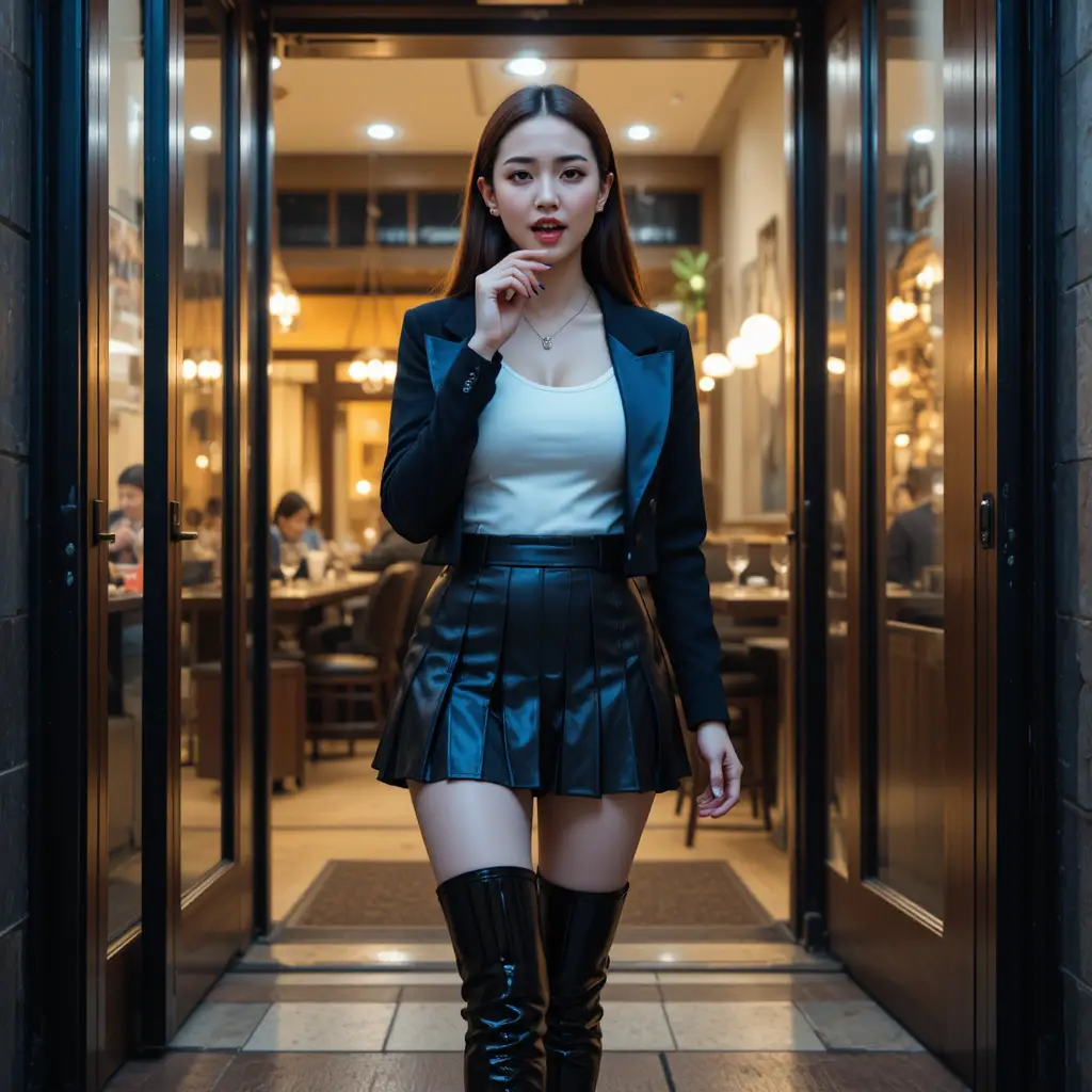 Bored Korean socialite leaving a chic restaurant at night