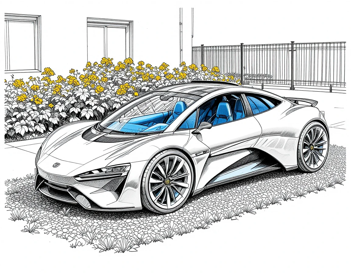 Voiture futuriste argentée avec toit solaire garée sur du gravier