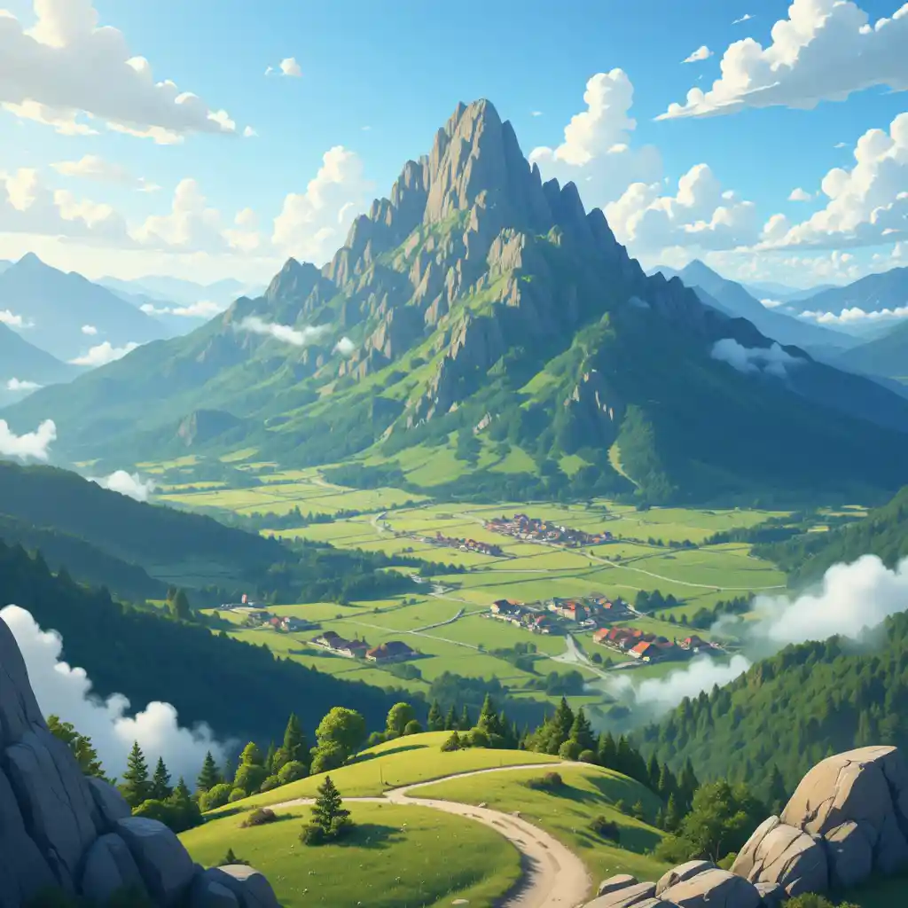 Sommet de montagne dessin animé au-dessus d’une vallée verte et paisible