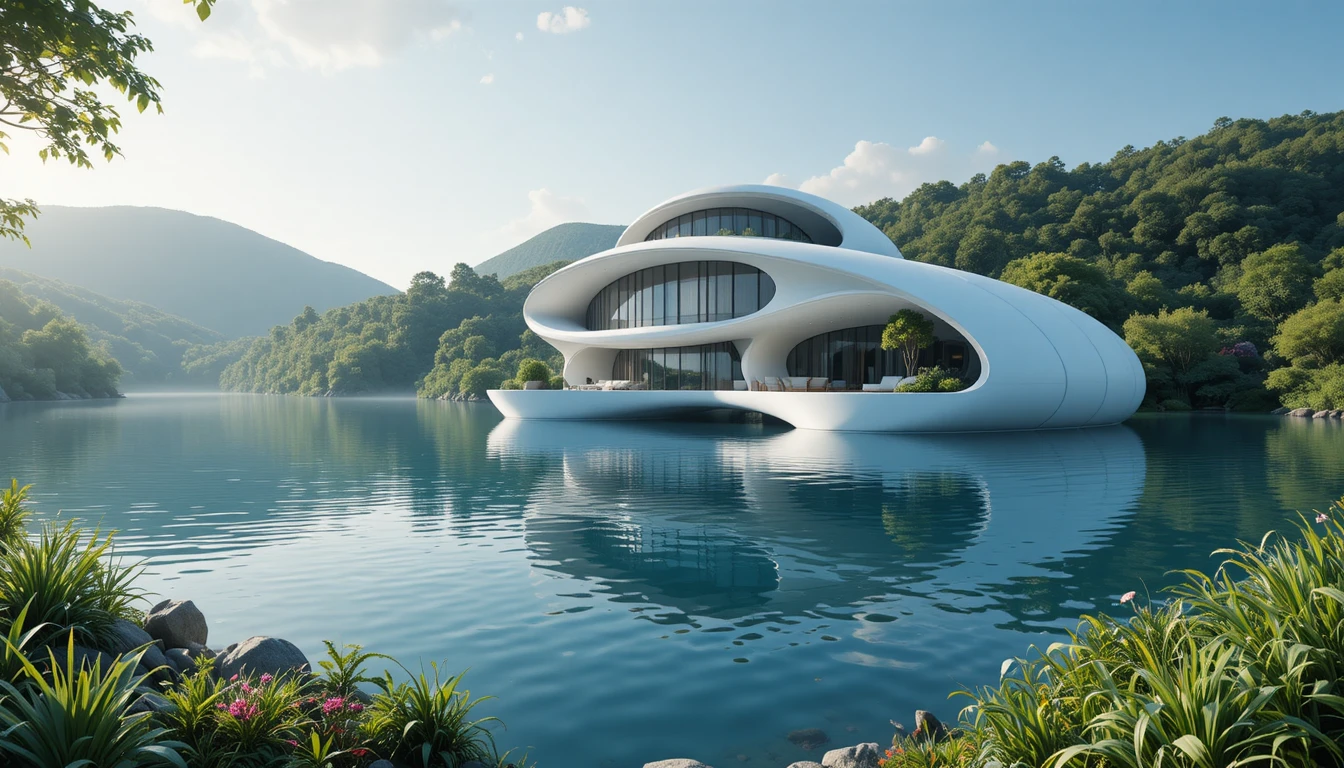 Futuristic villa floating over a tranquil green lake