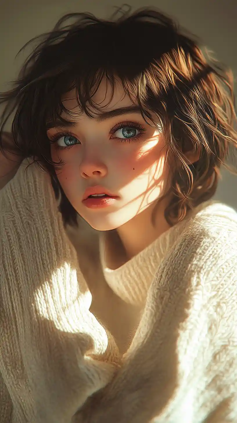 Ragazza pensierosa con maglione oversize alla luce solare drammatica