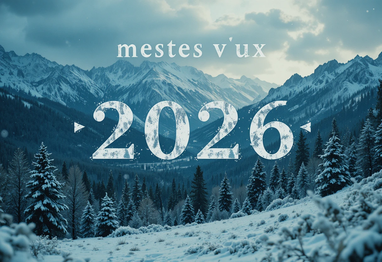 Vektorgrußkarte mit verschneiter Landschaft für Wünsche zum Jahr 2026