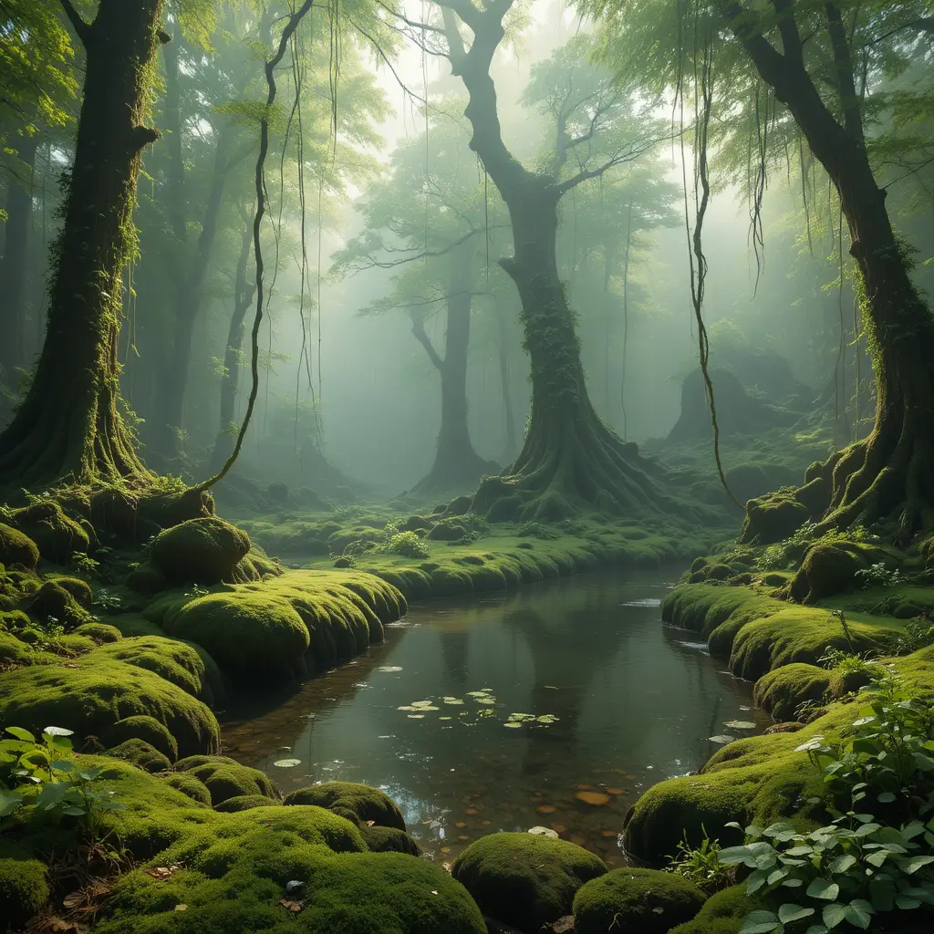 Misty Green Forest With Mossy Pond And Hanging Vines