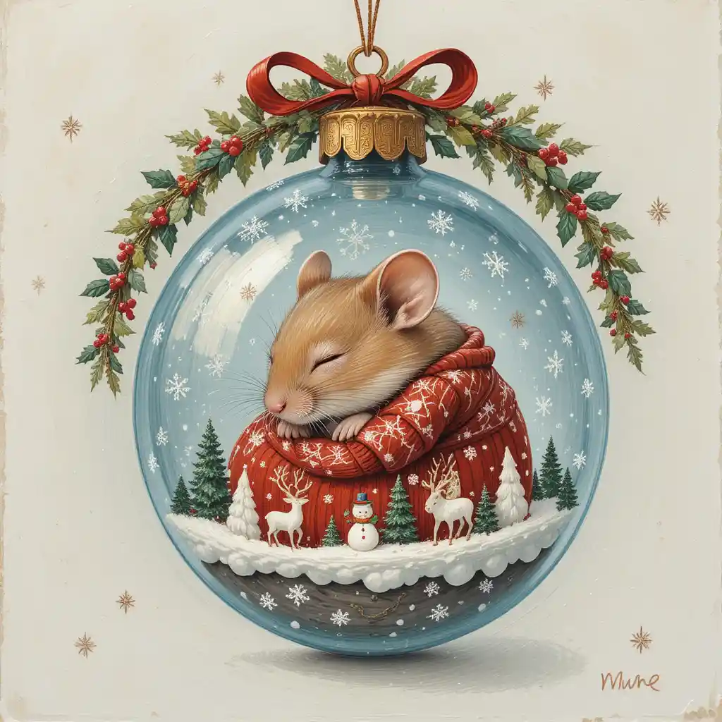 ガラスのクリスマスオーナメントの中で眠るねずみの絵