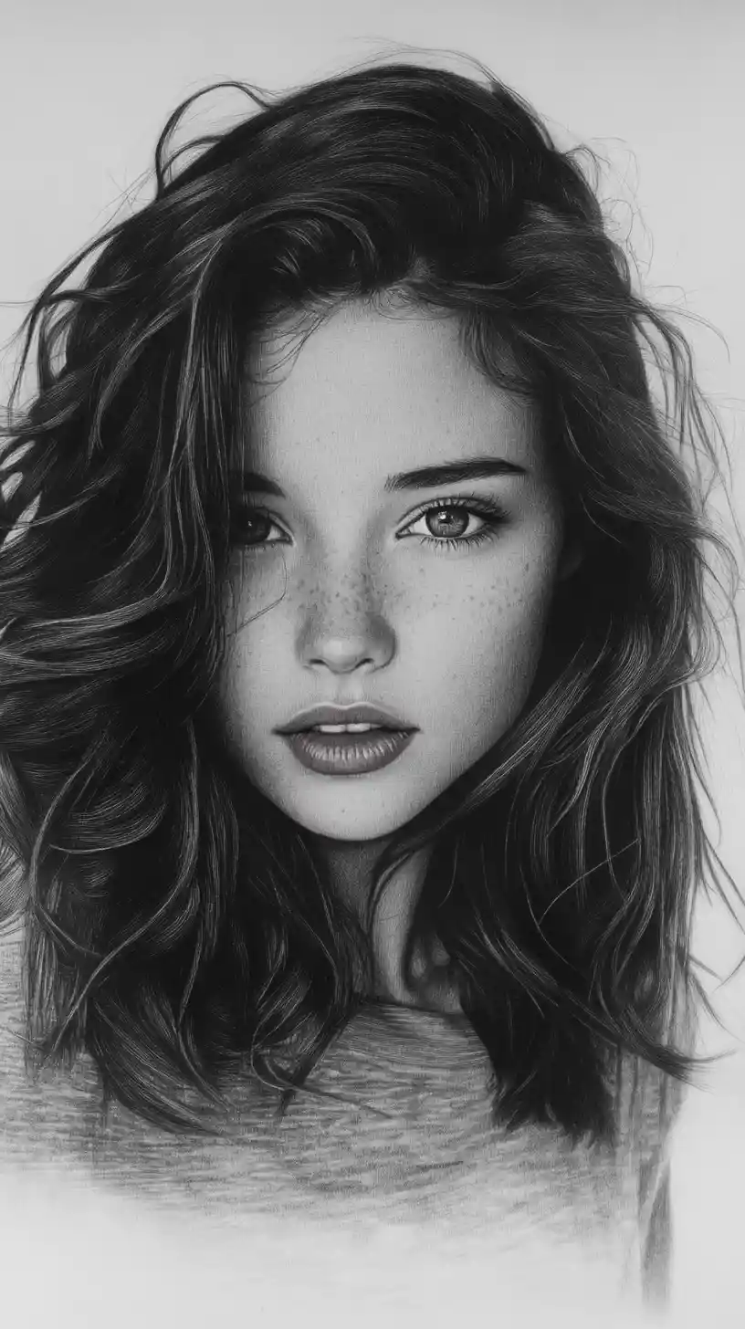 Ritratto a grafite di una giovane donna con i capelli ricci