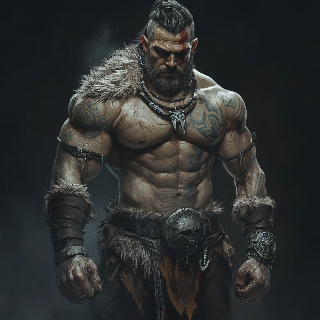 Dark fantasy barbarian goliath with tribal tattoos and club