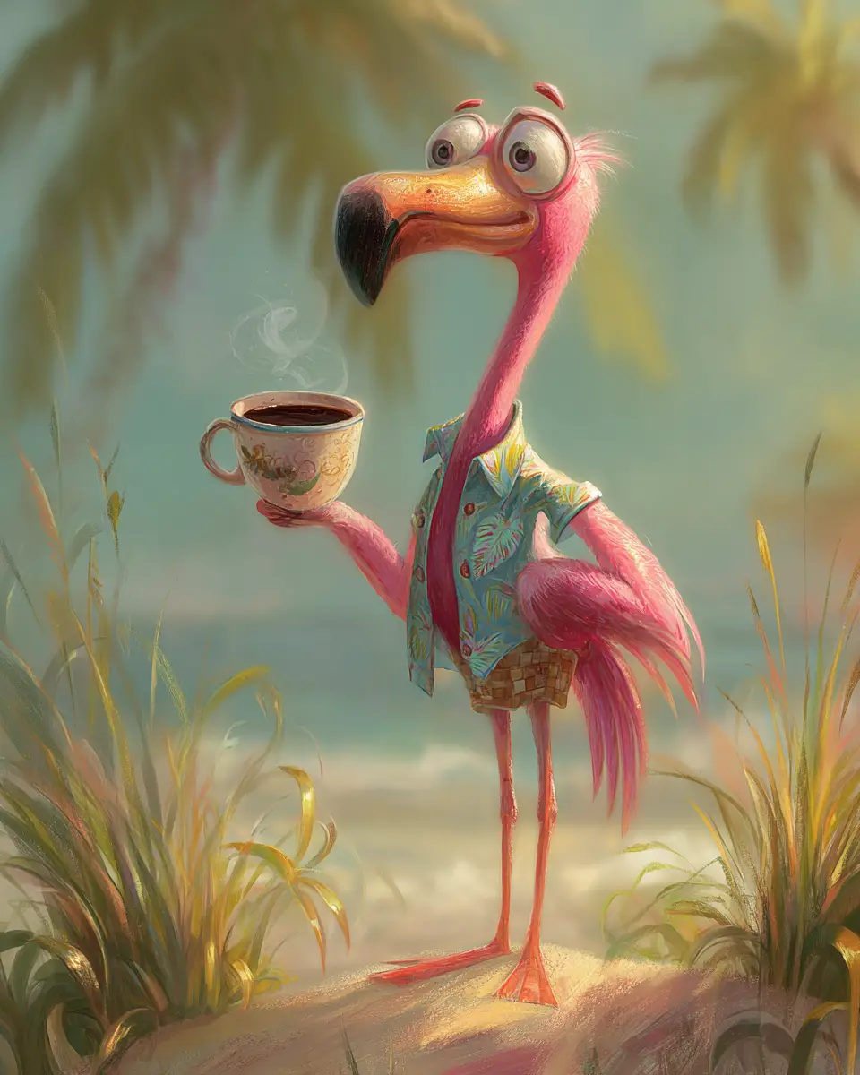 Whimsical Flamingo On Tropical Dune With Coffee Cup