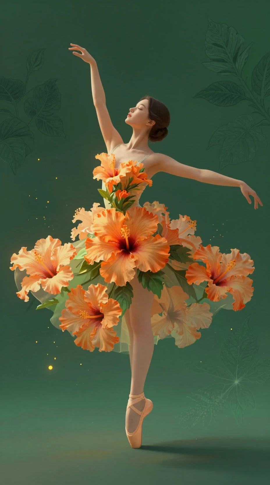 Floral goddess in hibiscus gown with glowing pollen