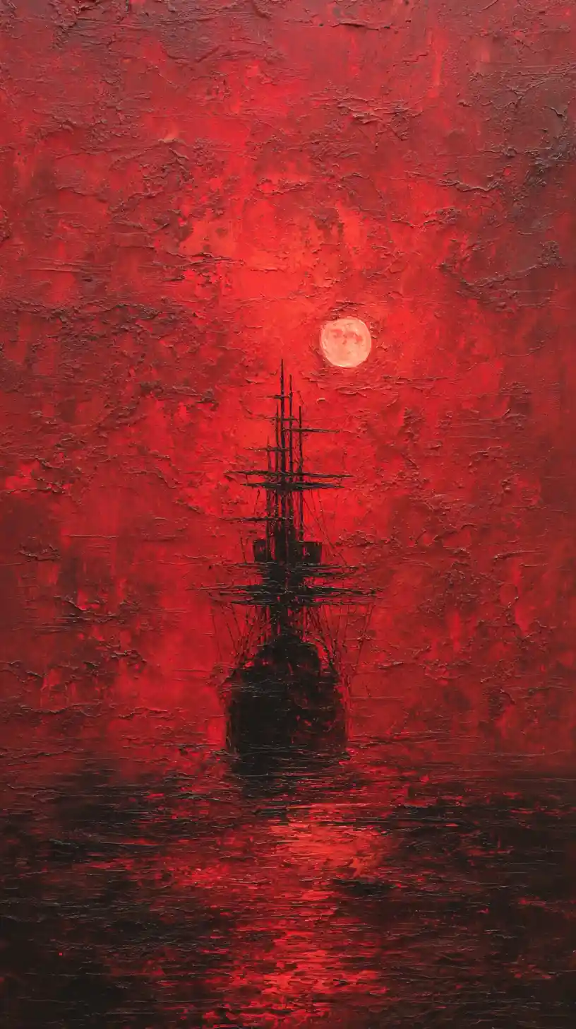 Ghostly sailing ship beneath a pale moon in red sky