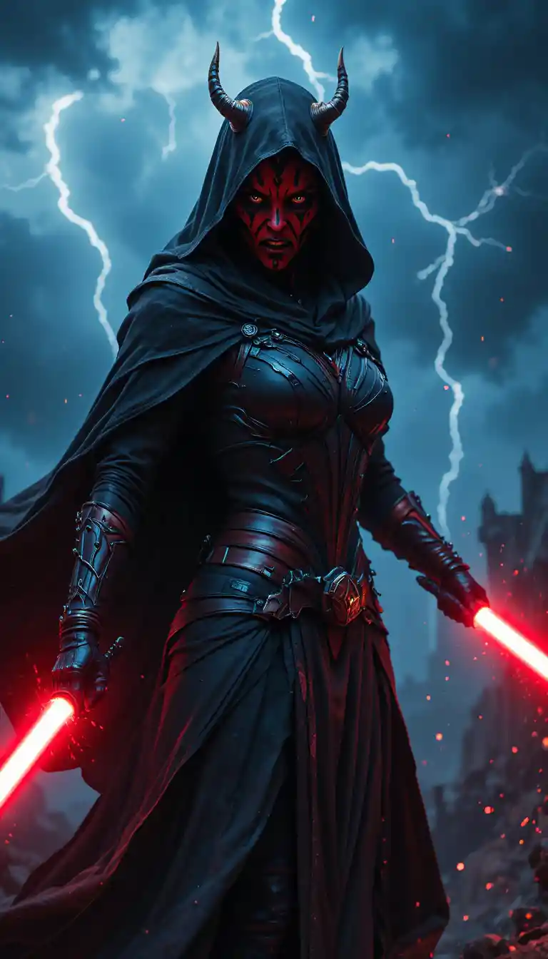 Female sith warrior with dual red lightsabers in storm