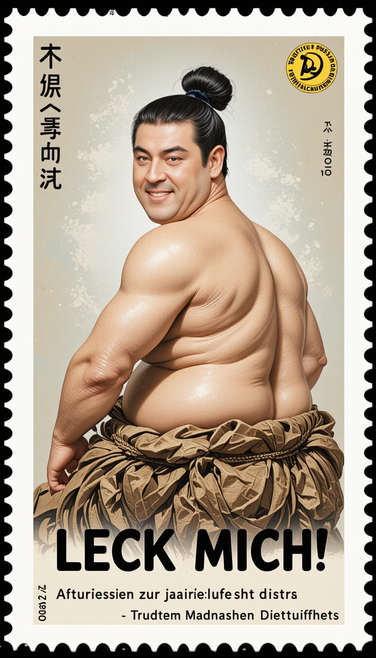 Satirical German stamp with cheeky sumo wrestler pose
