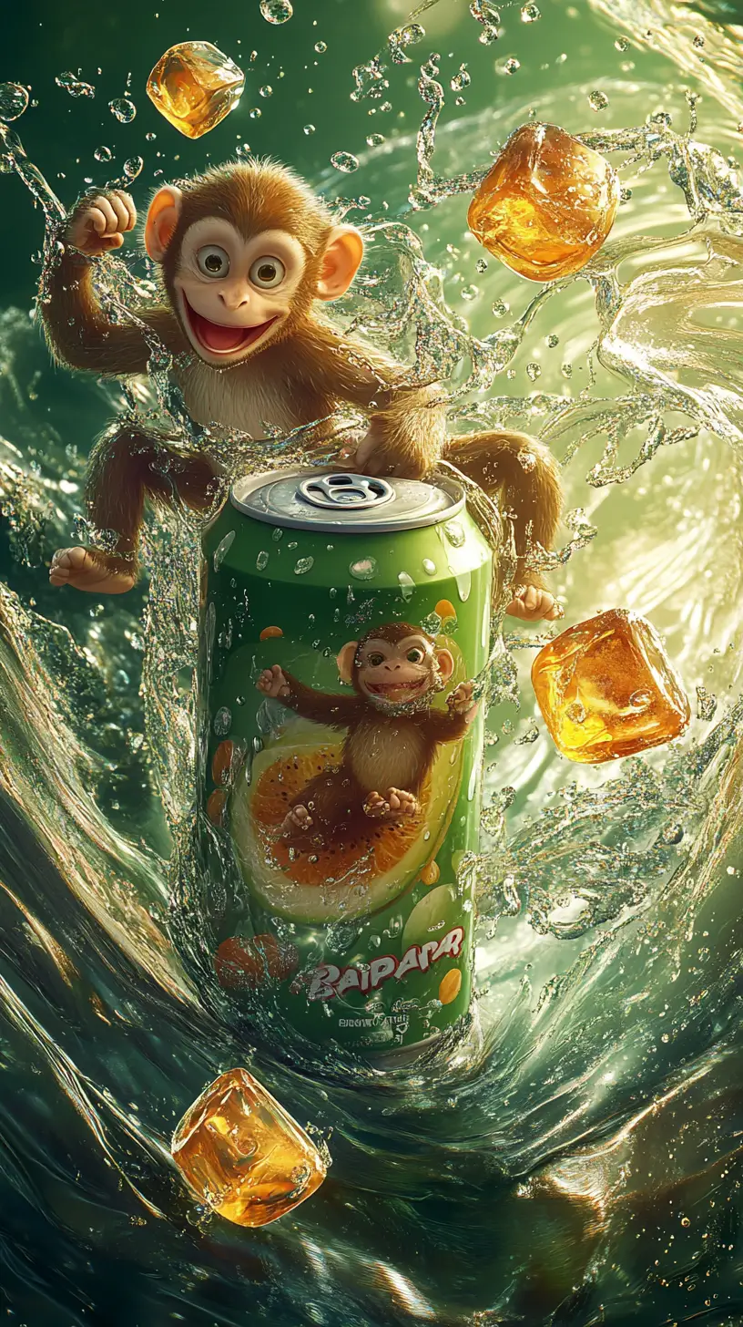 Playful monkey bathing with floating soda can and fruit