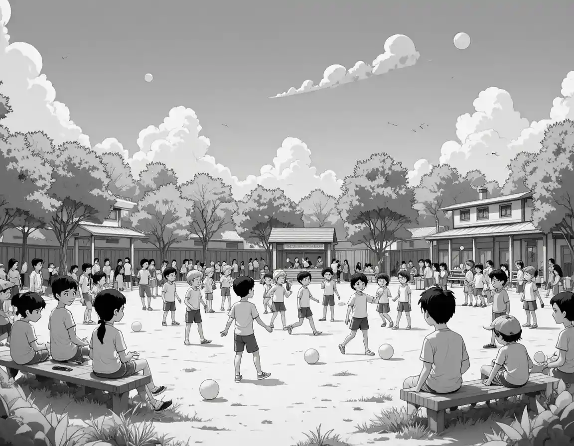 Overhead playground scene with children playing together