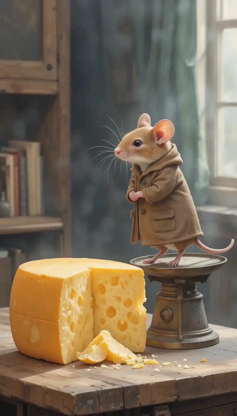 Pequeno rato em balança de latão ao lado de uma roda de queijo meio comida