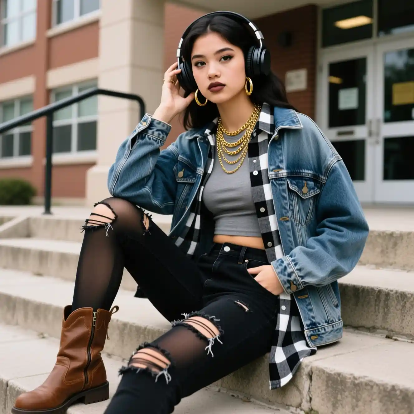 Teen girl relaxing on school steps in layered streetwear