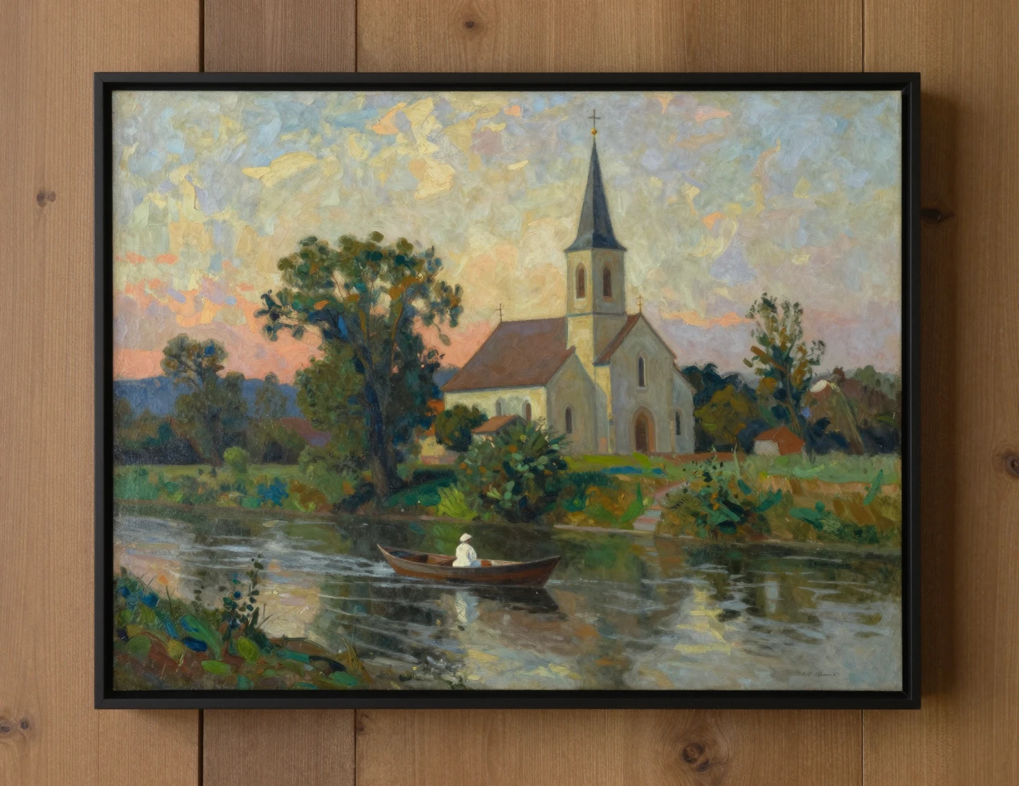 Iglesia junto al río con barco al cálido crepúsculo en estilo impresionista