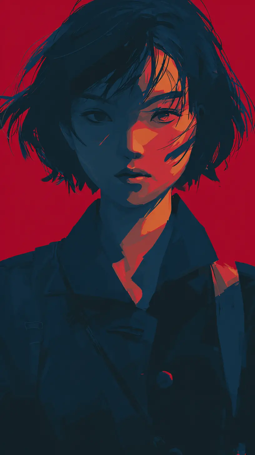 Intense anime girl portrait in dramatic red and blue light