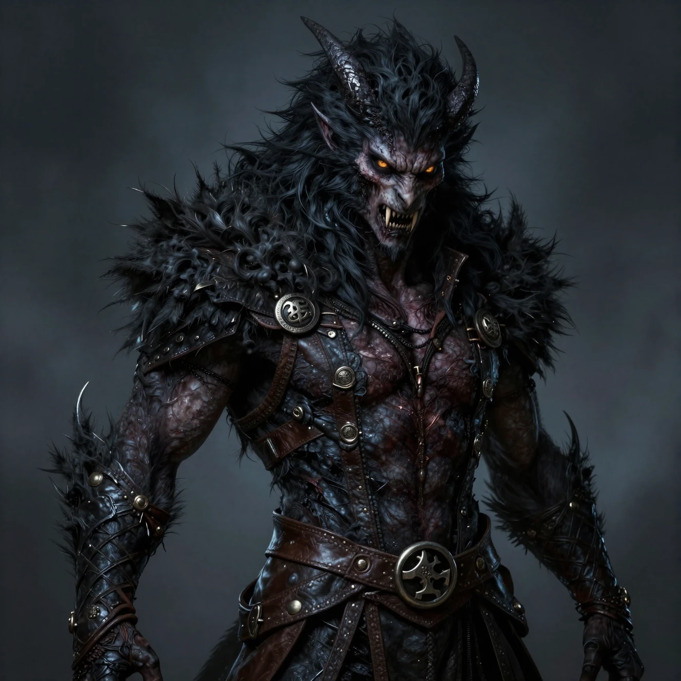 Dark fantasy werewolf with amber eyes and sharp fangs