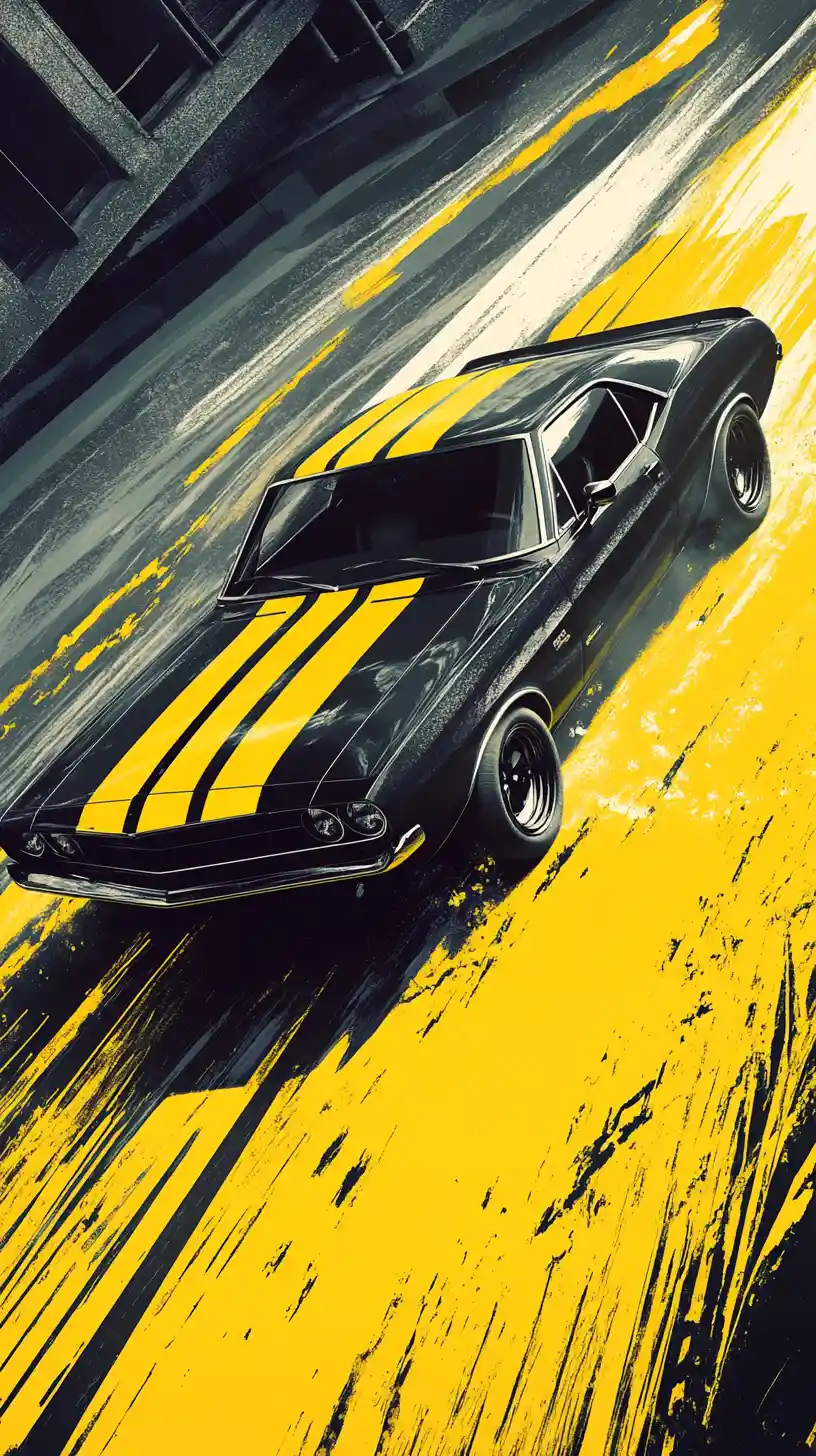 Black muscle car racing along a vivid yellow road
