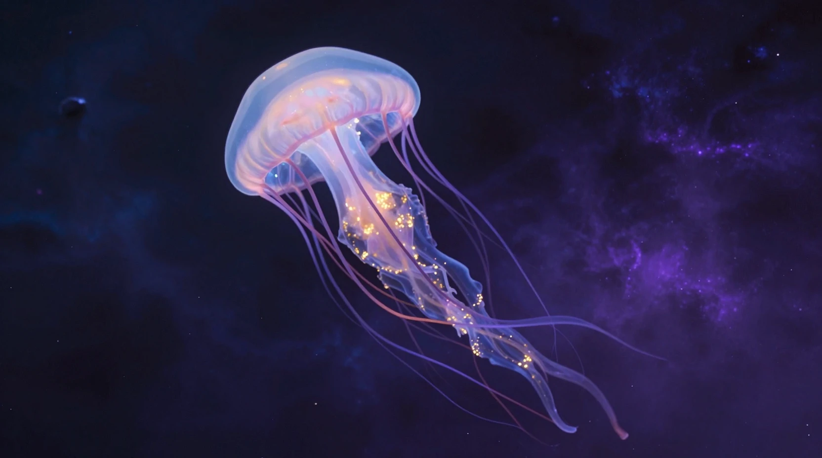 Bioluminescent Jellyfish Floating In A Cosmic Nebula