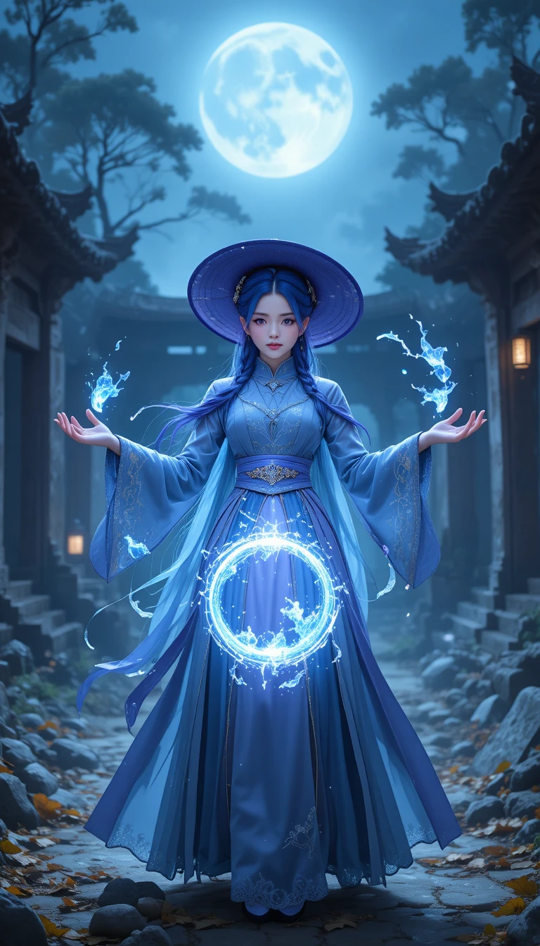 藍髮少女在古老遺跡中召喚冰系魔法