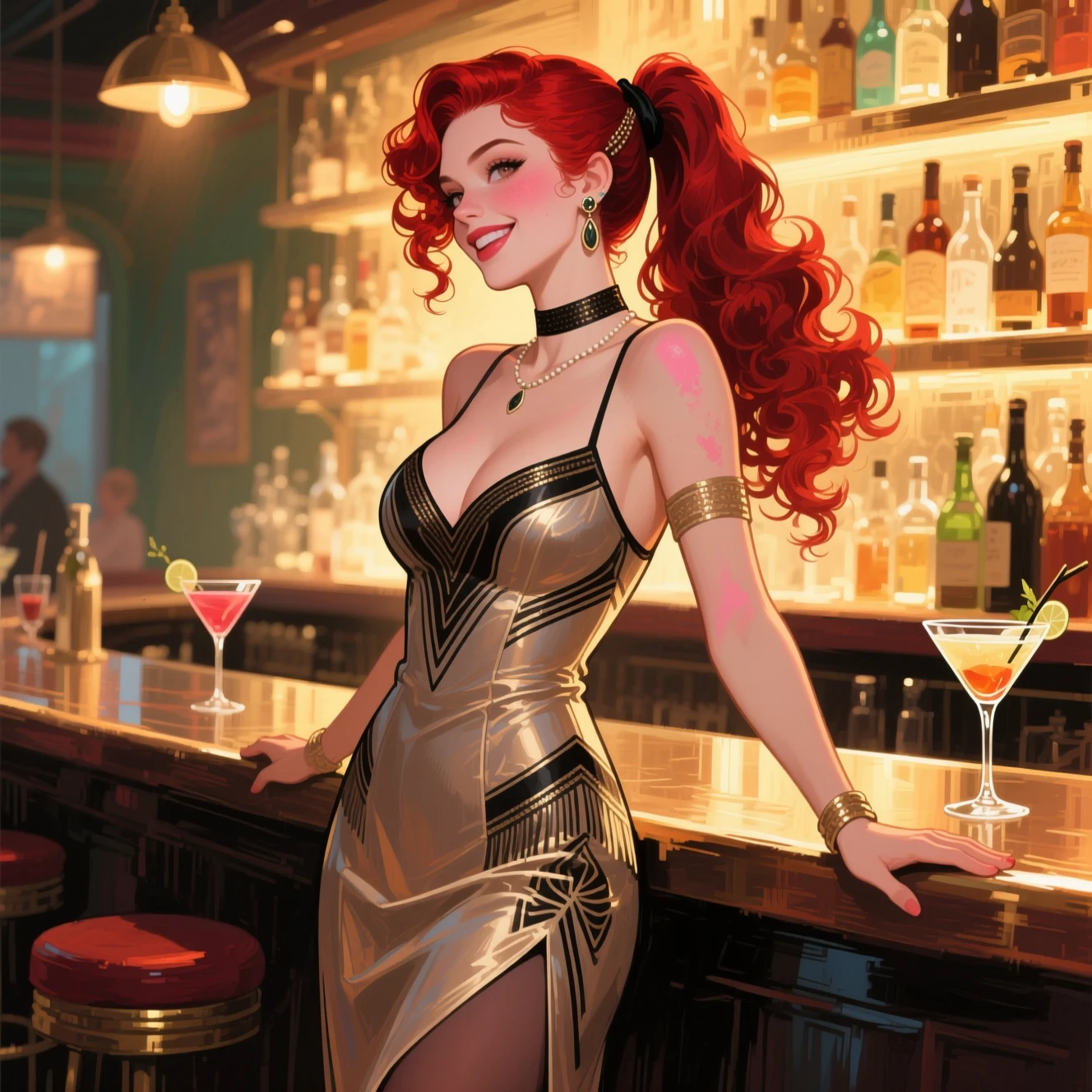 Elegant young woman in flapper dress at cocktail bar