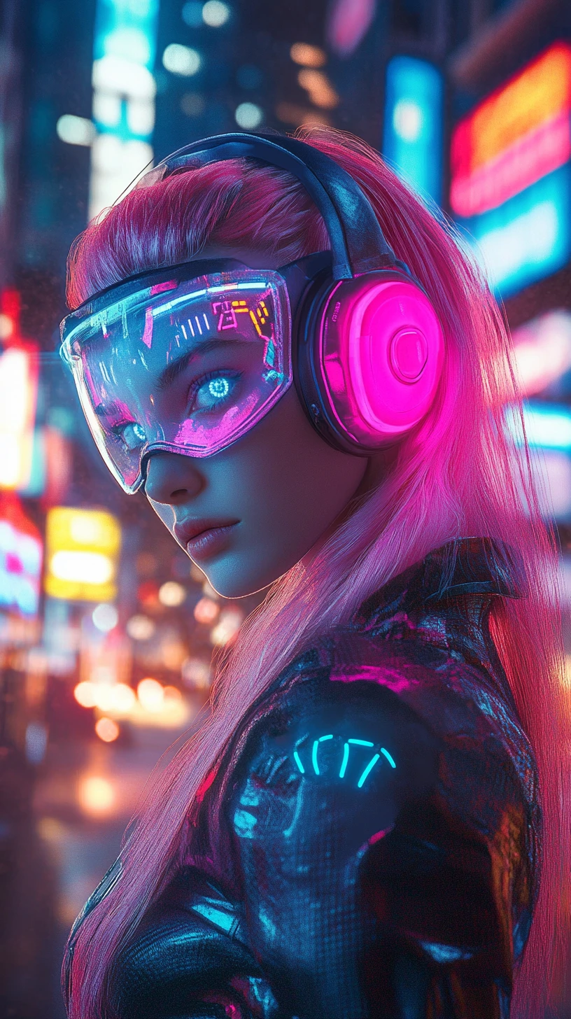 Pink Haired Cyberpunk Woman In Neon City Portrait