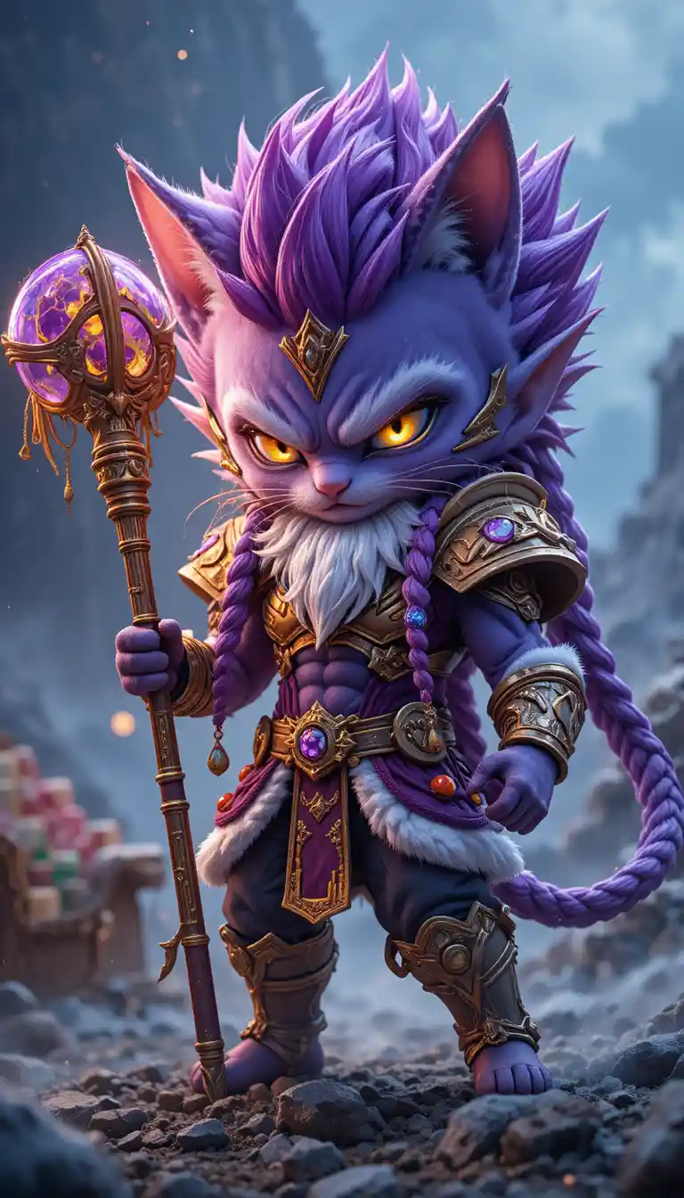 Fierce chibi cat warrior in a stormy battlefield