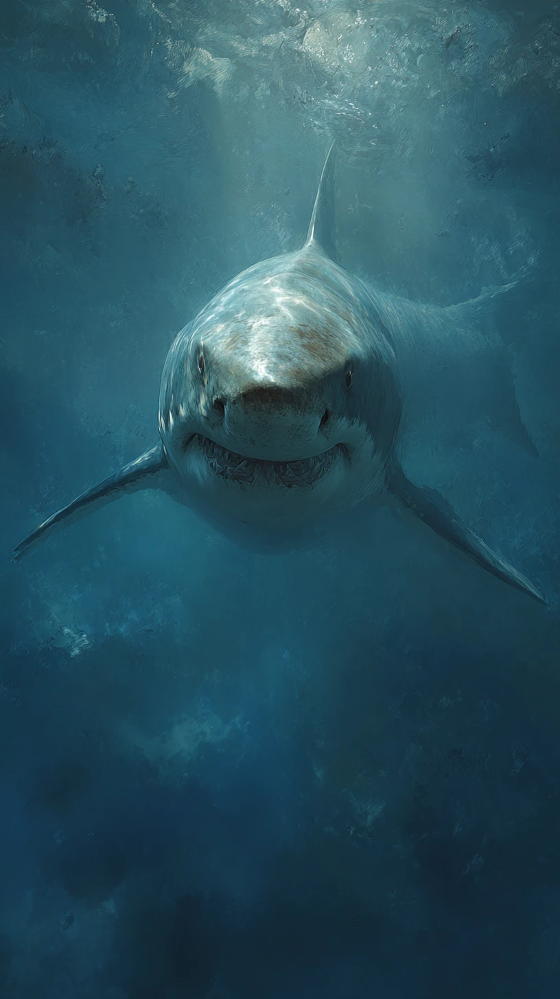 Great white shark swimming straight toward the viewer