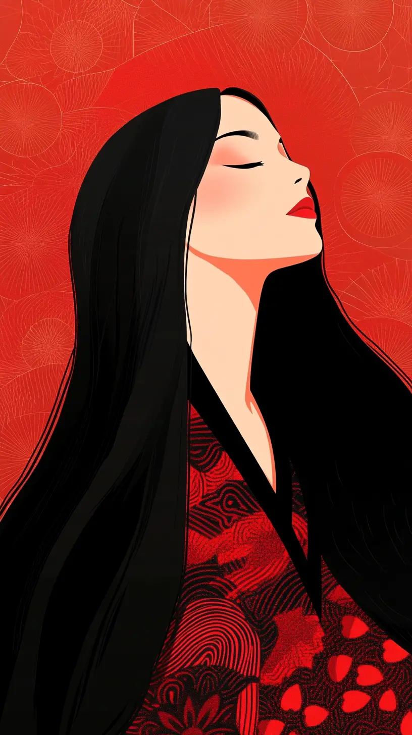 Donna giapponese in kimono rosso in pacifica contemplazione