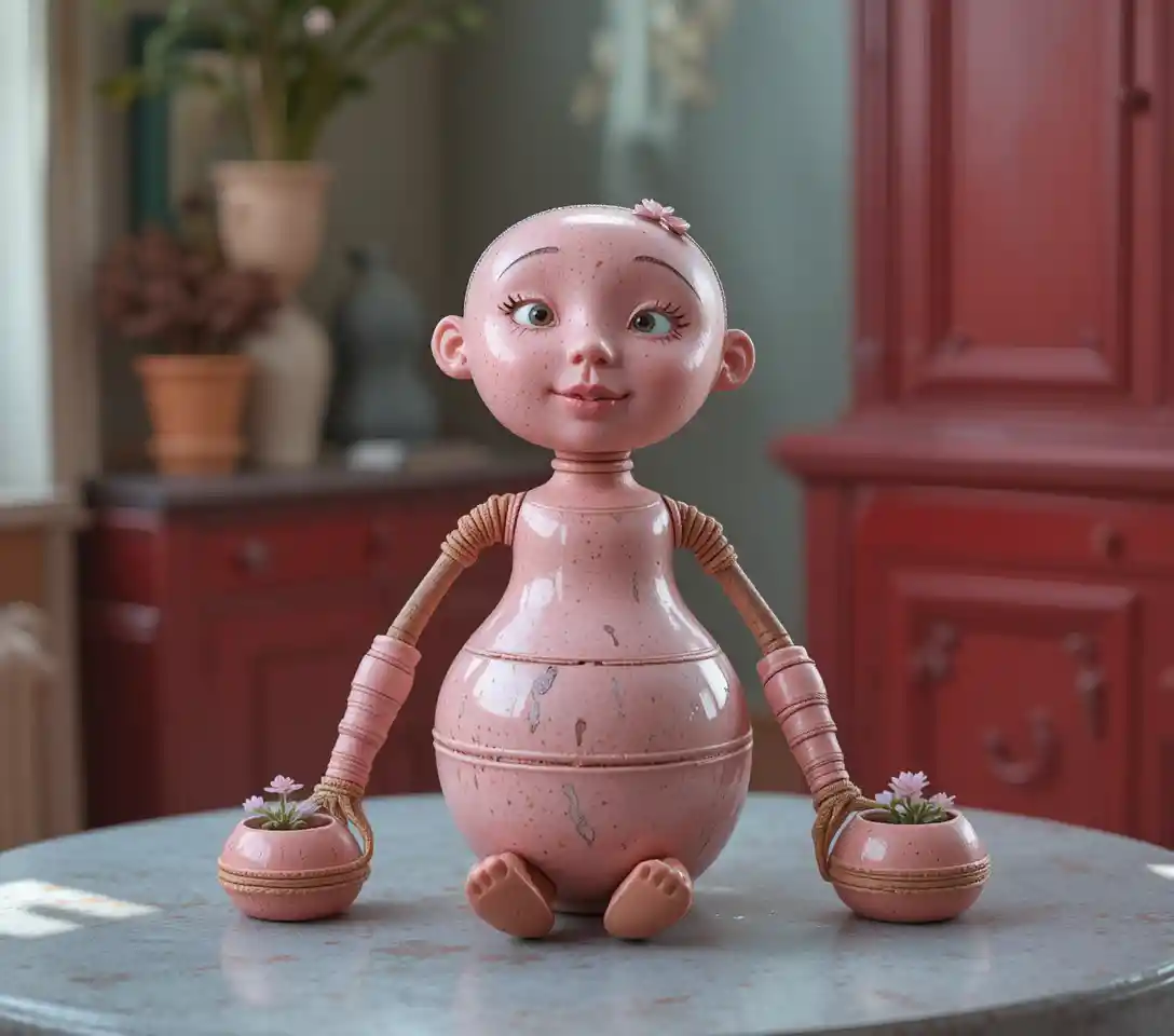 Figurinha divertida de vaso de barro sentada sobre uma mesa cinza