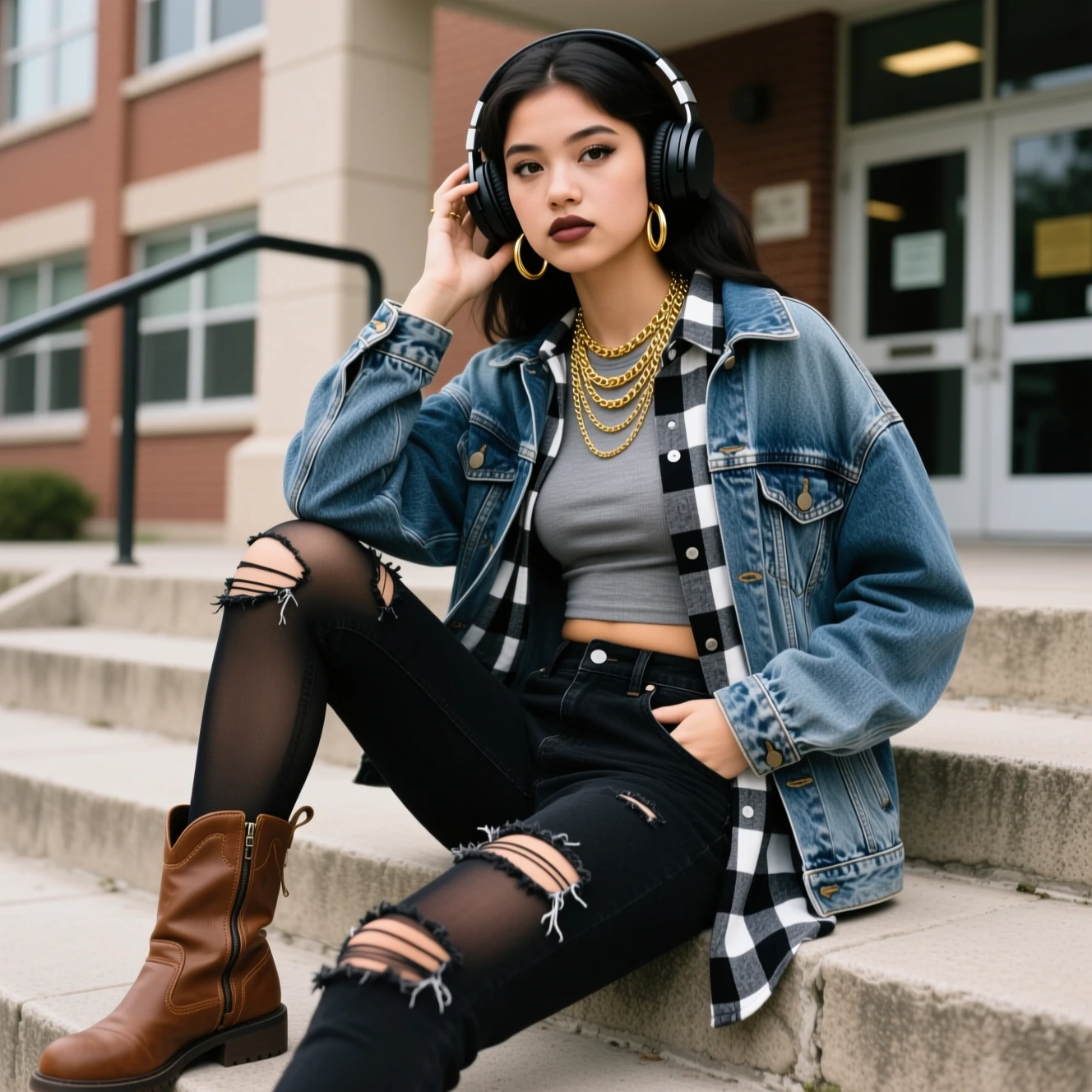 Teen girl relaxing on school steps in layered streetwear