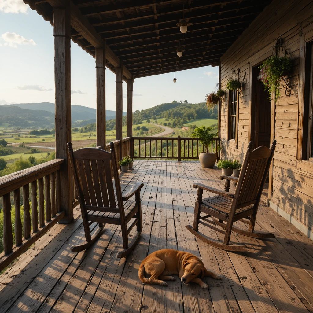 Rustic farm veranda overlooking peaceful Brazilian countryside
