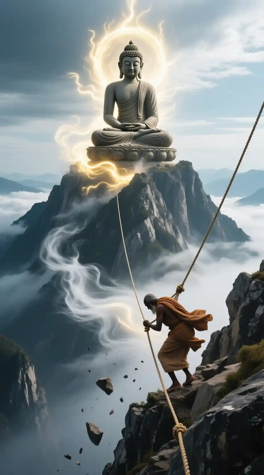 Devoted monk climbing a sacred mountain toward Buddha statue