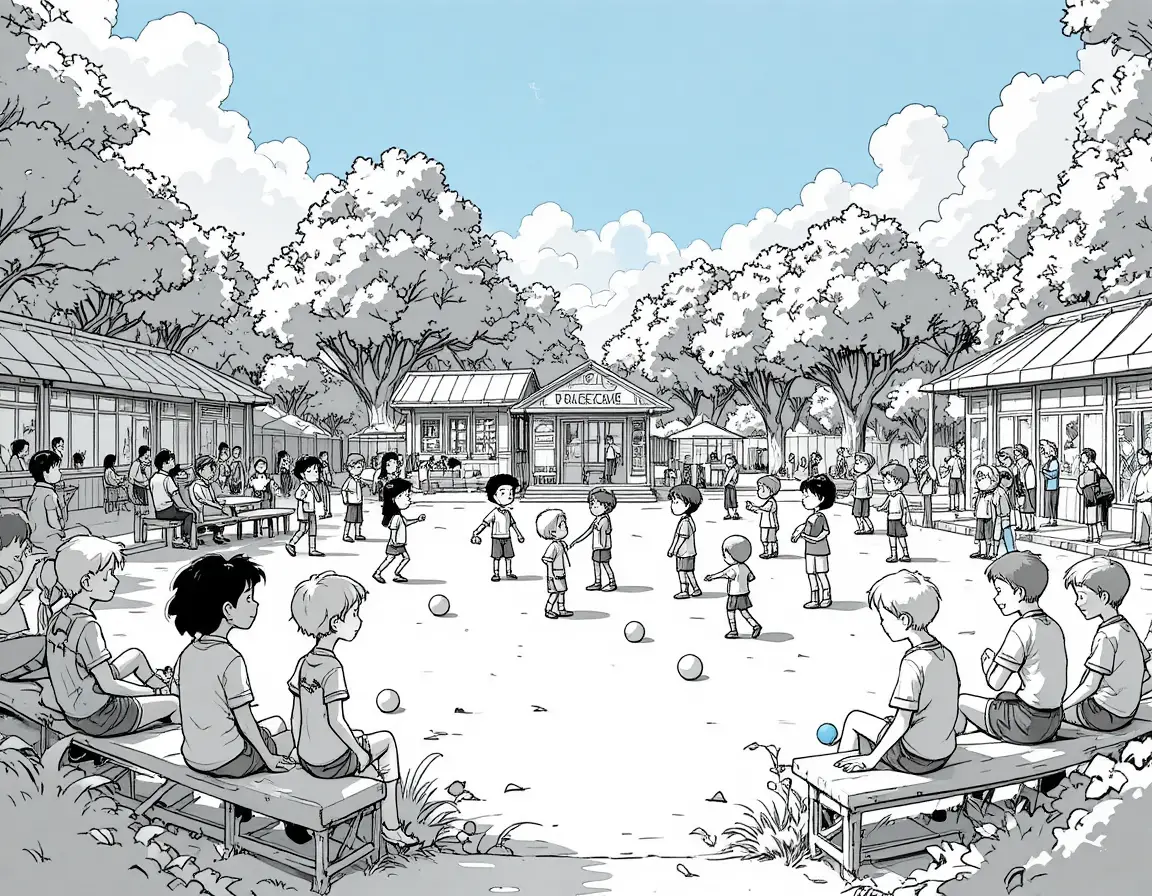 Black and white drawing of children playing in a playground