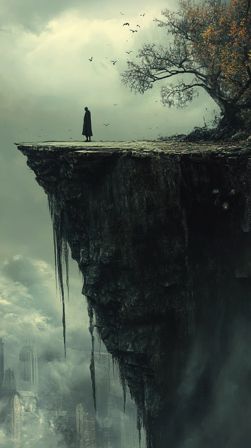 Lonely man standing on a cliff edge in surreal art