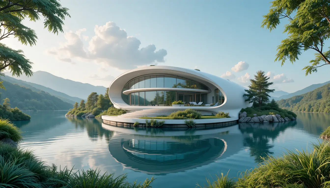 Futuristic villa floating above a calm green lake