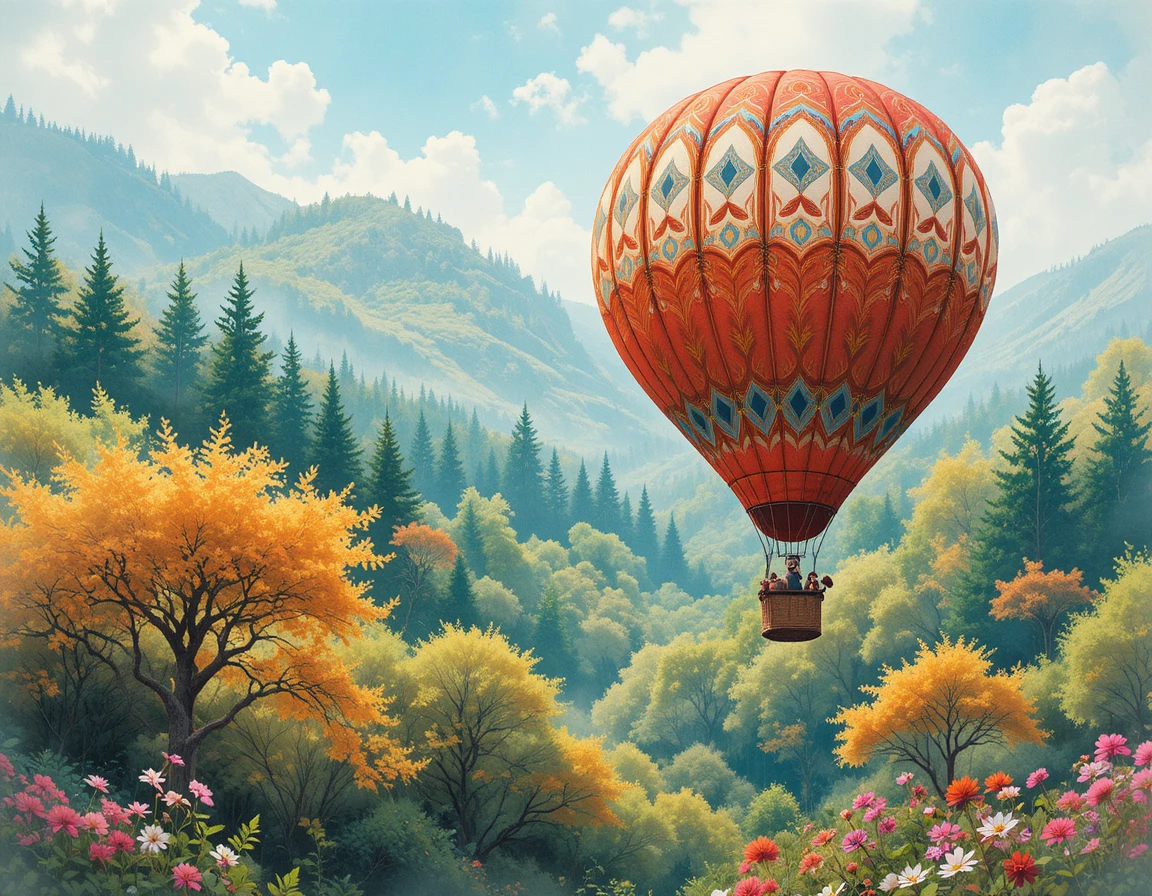 Colorata mongolfiera che fluttua sopra una foresta primaverile in fiore