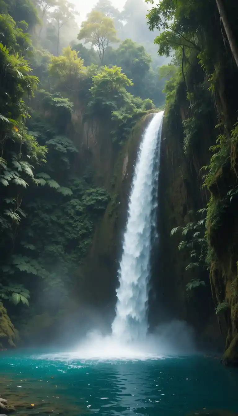 Waterfall Cascading Into Jungle Pool With Misty Rainbow