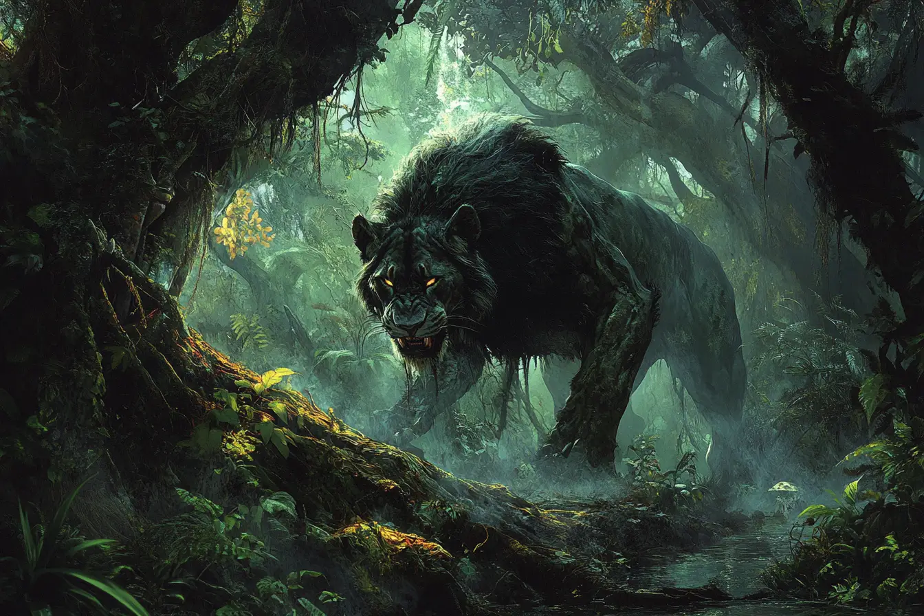 Demonic Lion Hunting In A Sinister Jungle Realm