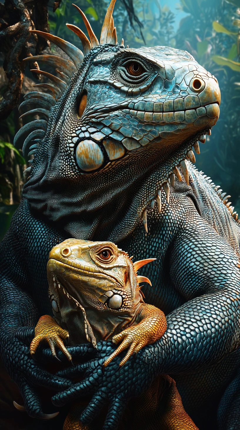 Iguane protecteur tenant un plus petit iguane dans la jungle