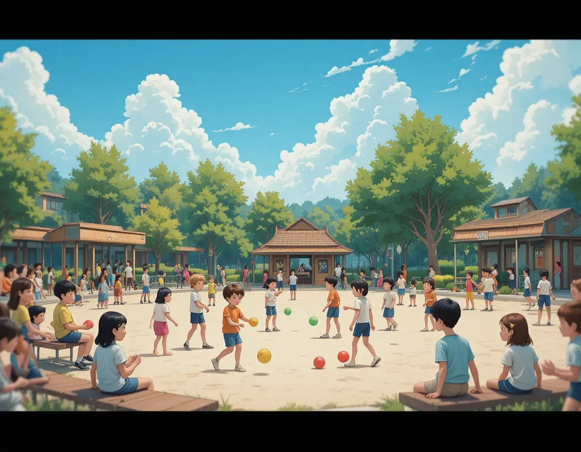 Scène colorée de terrain de jeu avec des enfants jouant ensemble en plein air
