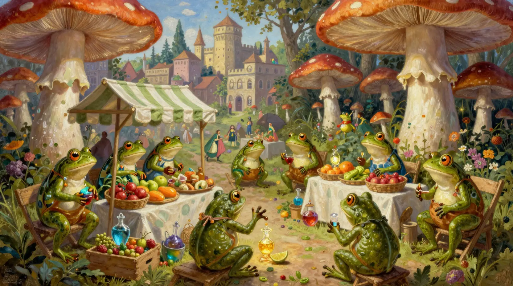 Anthropomorphic frogs at a lively market in a mushroom city