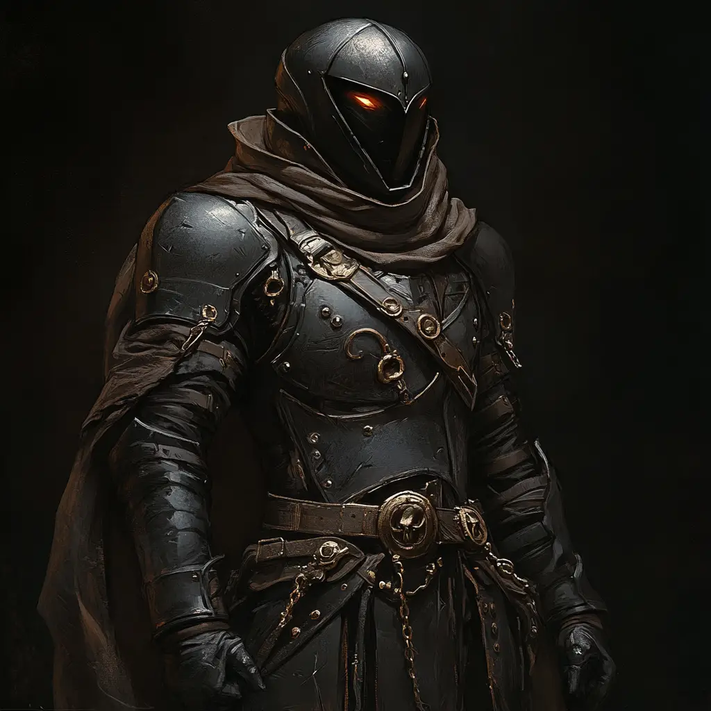 Dark fantasy artificer in heavy magical medieval armor