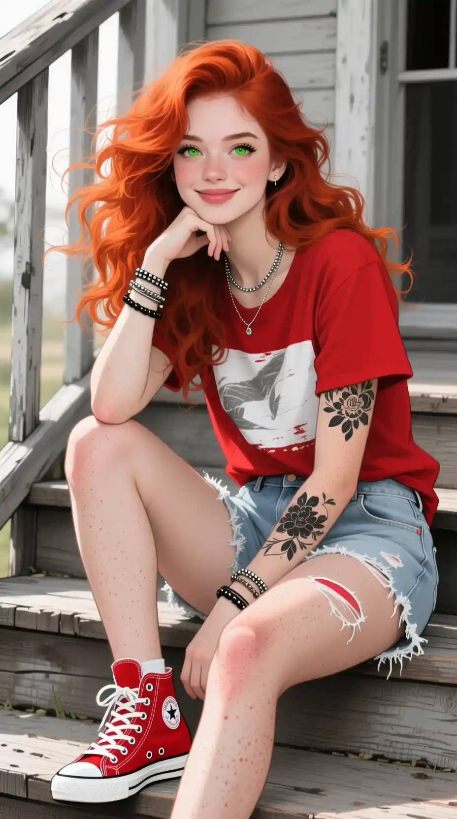 紅髮女子坐在木階上的鉛筆素描