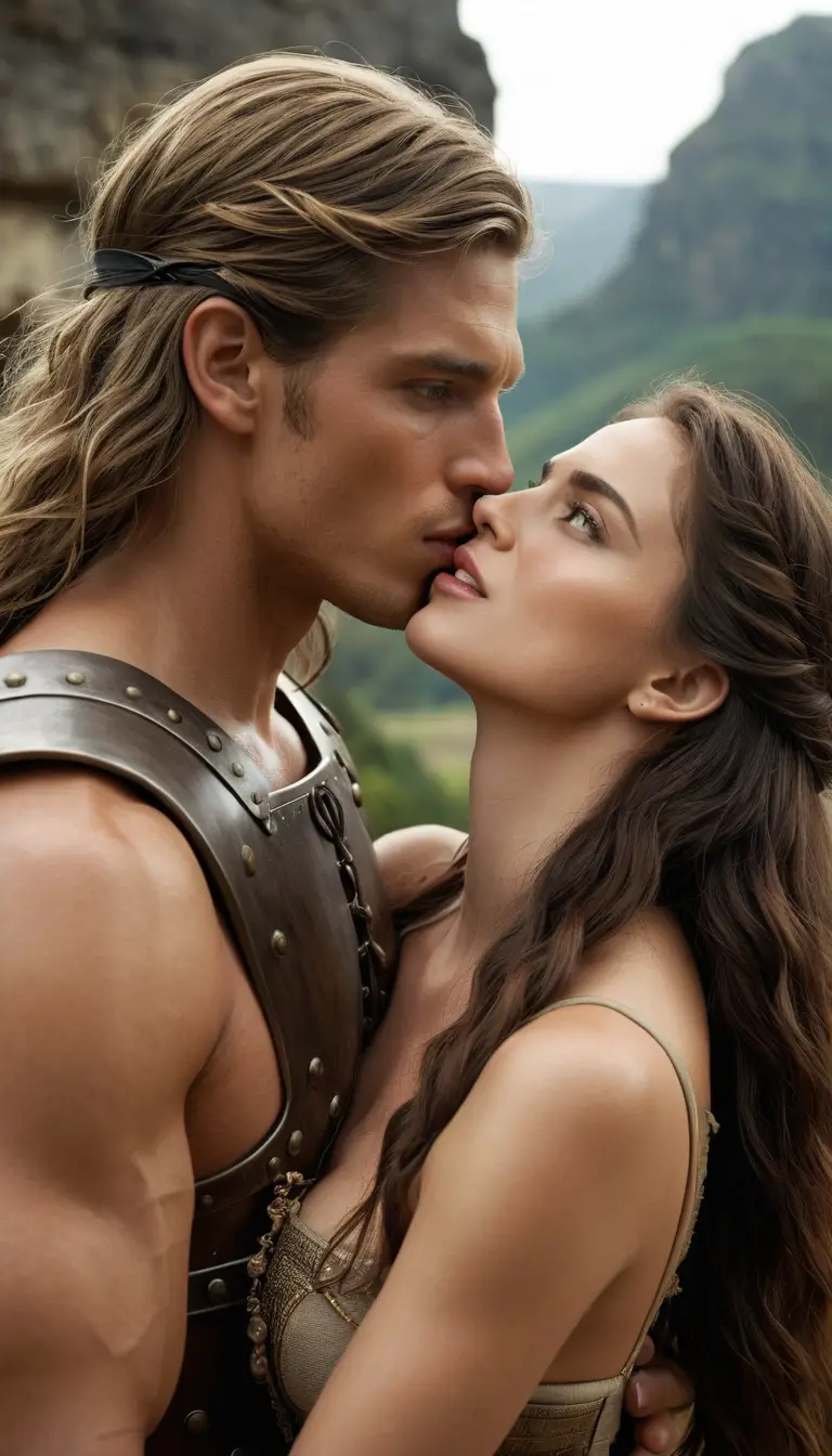 Couple de guerriers romantiques s'embrassant avant une bataille antique