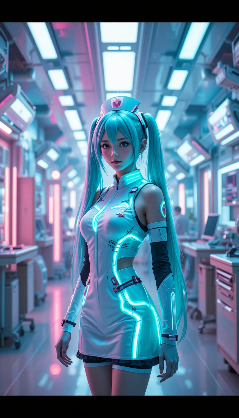 Futuristic anime nurse in neon hospital ward