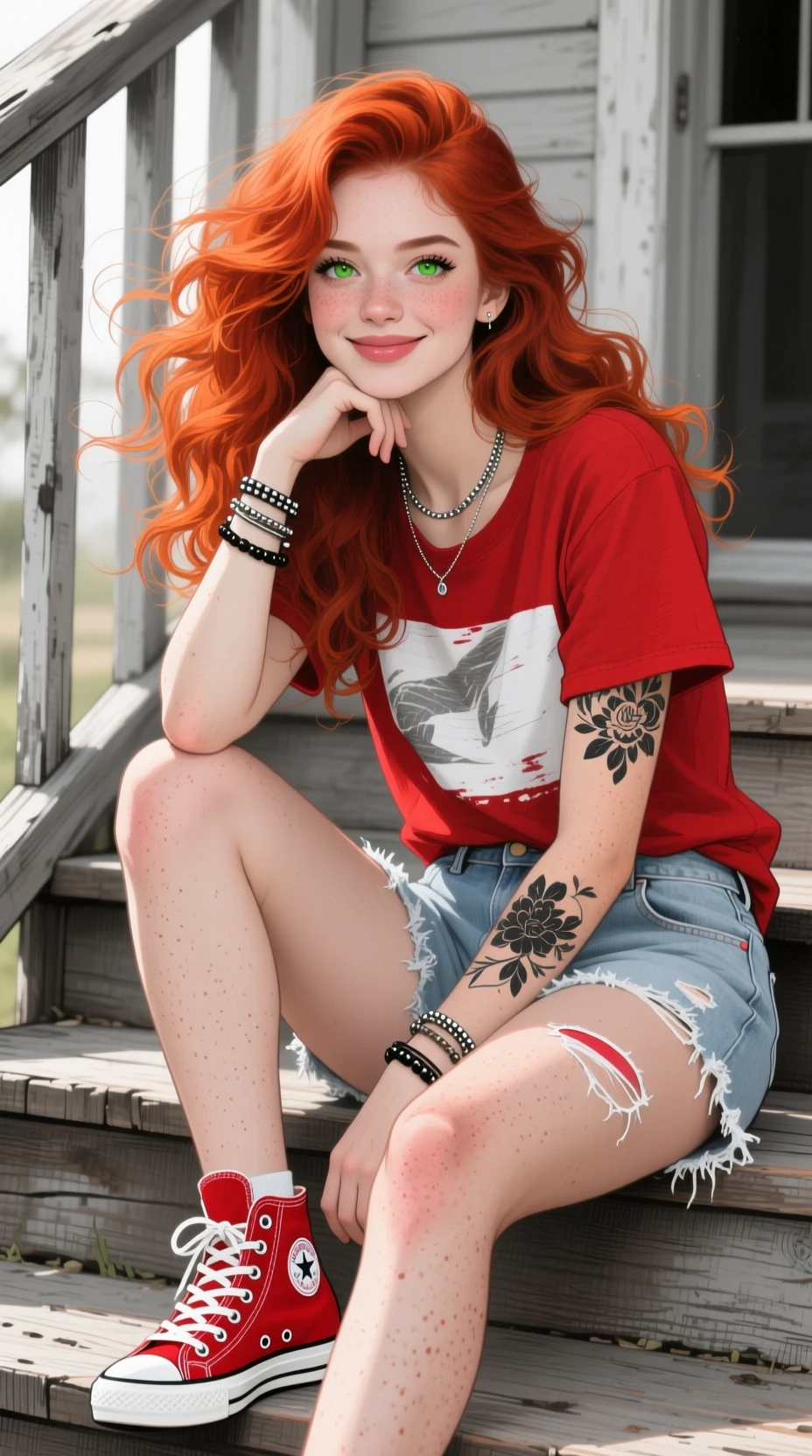 紅髮女子坐在木階上的鉛筆素描