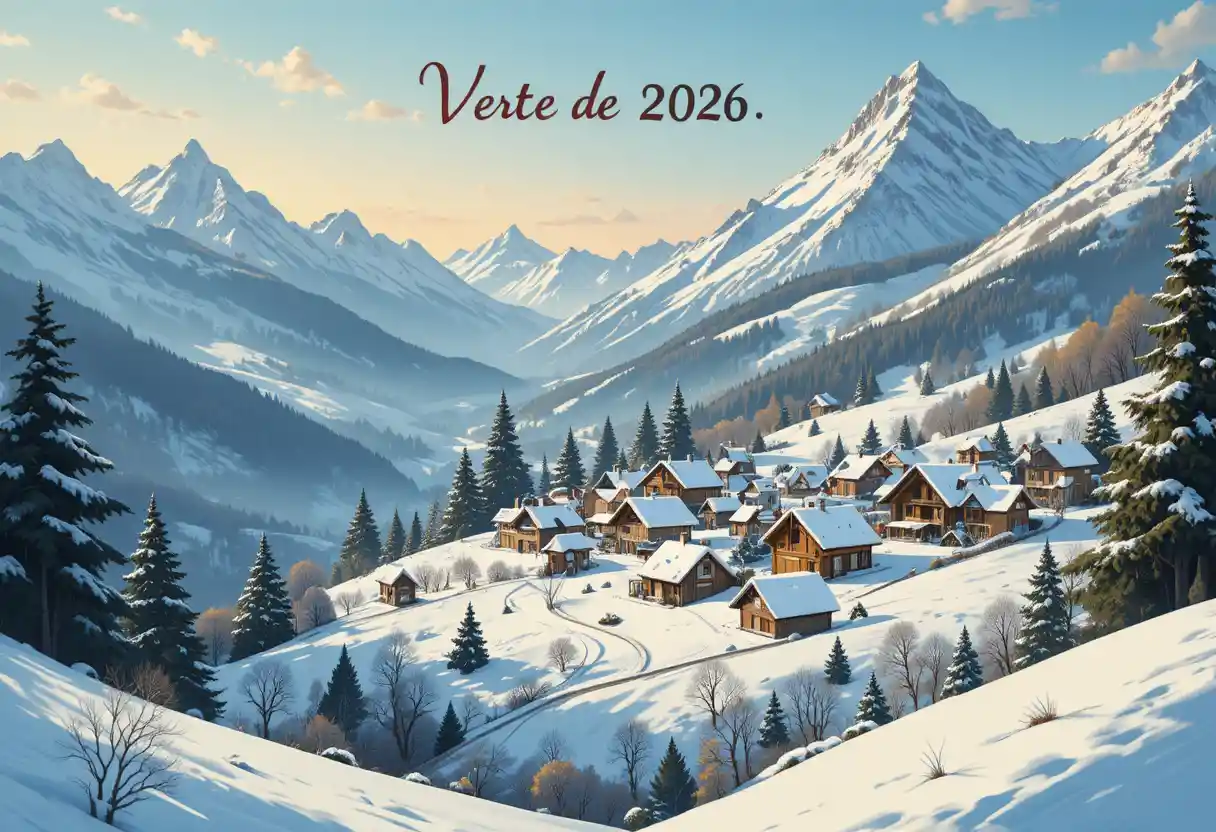 Freundliche Vektor-Grußkarte mit verschneitem Bergdorf