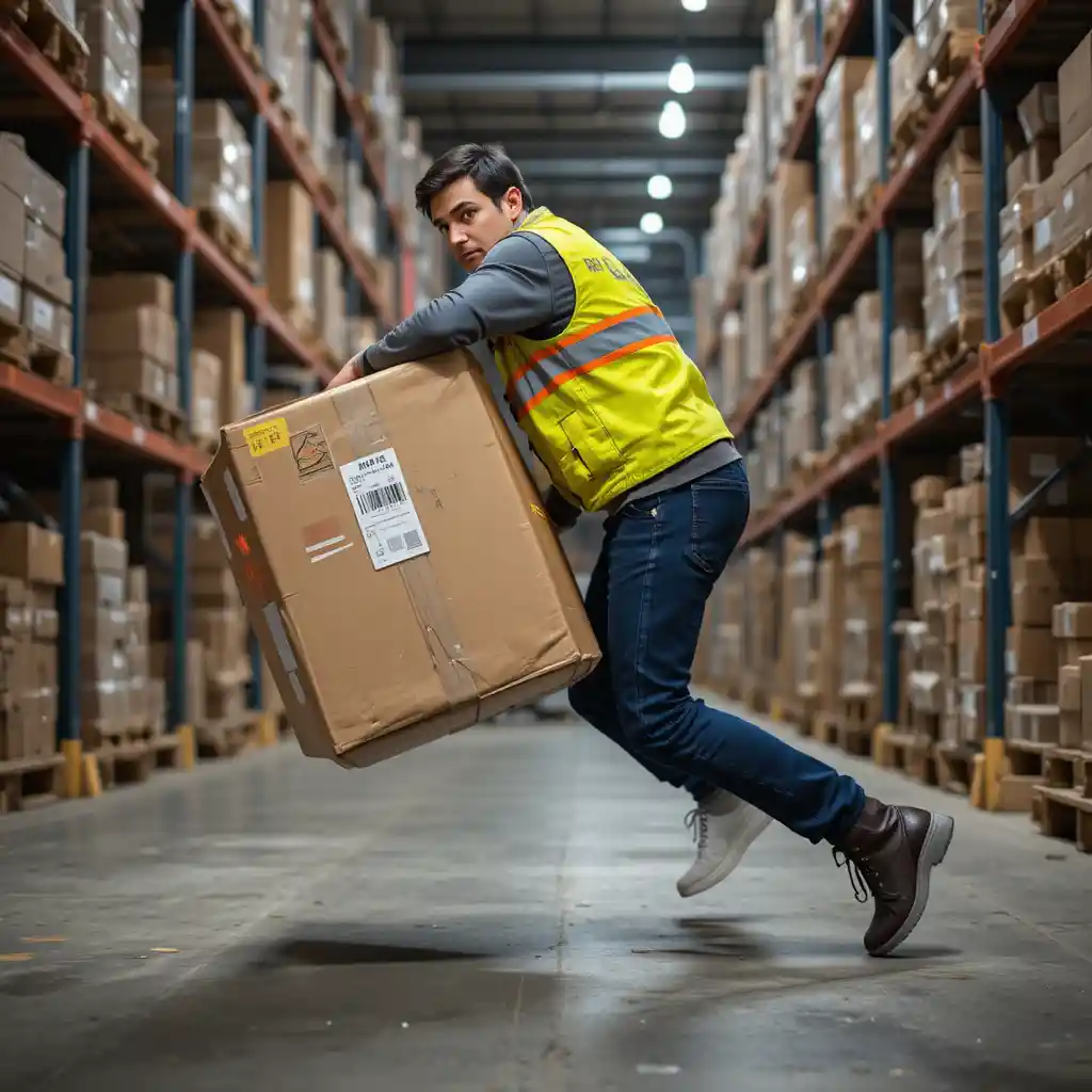 Warehouse worker lifting a heavy box with safe posture
